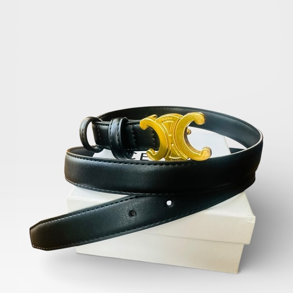 Celine Paris Black Leather Triomphe Belt Gold Hardware EU 110 Never Worn w/ Box - Picture 11 of 11